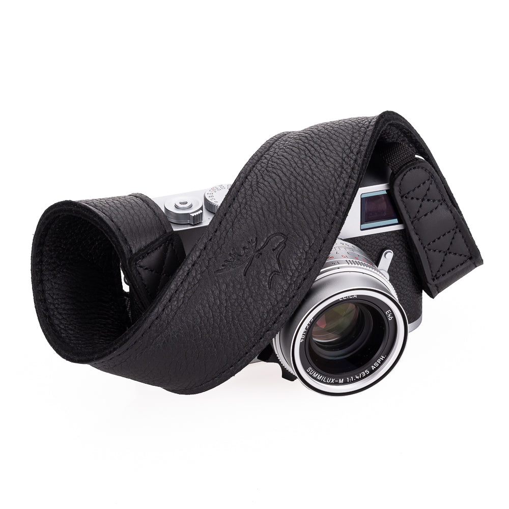 Correa para cuello EDDYCAM de piel de alce extralarga de 200 cm, 50 mm de ancho, negra/negra con costuras negras