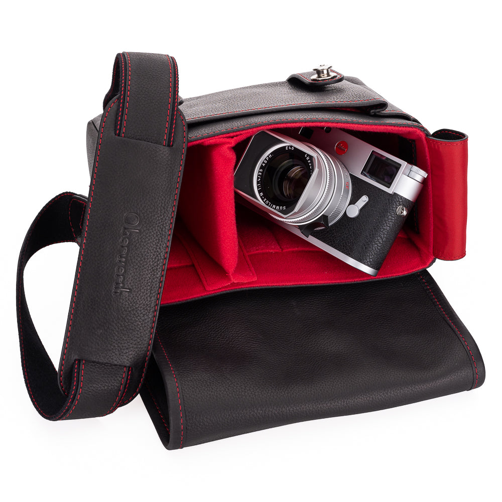 Bolso para cámara de cuero Oberwerth ‘Louis’, edición de lujo - Novonappa negro con costuras rojas