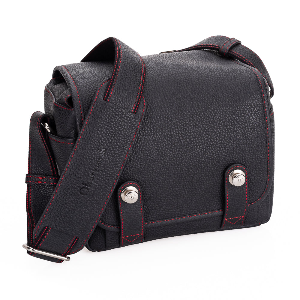 Bolso para cámara Oberwerth Louis M11 Visoflex de cuero, negro con costuras rojas