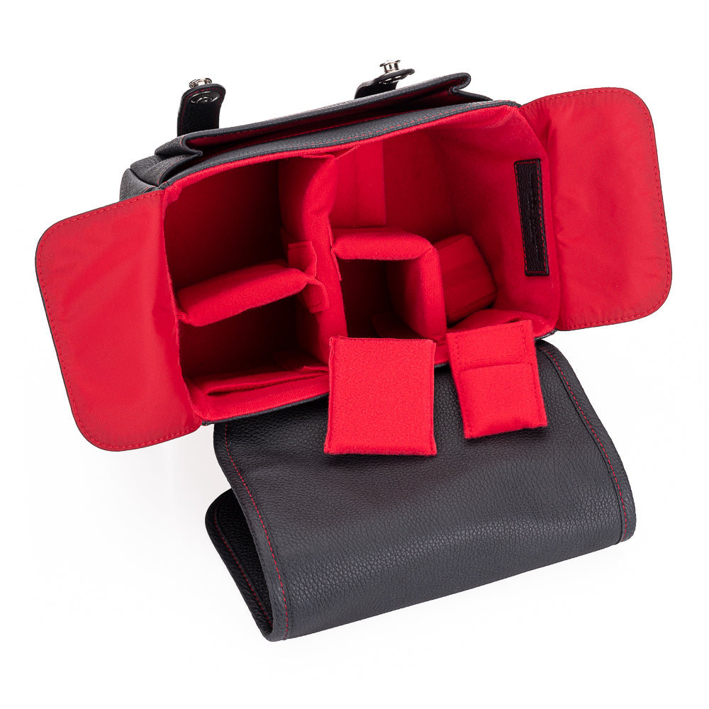 Bolso para cámara Oberwerth Louis M11 Visoflex de cuero, negro con costuras rojas
