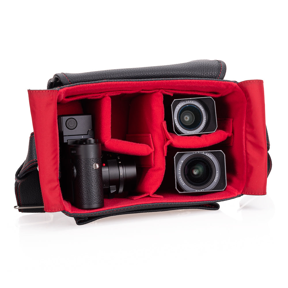 Bolso para cámara Oberwerth Louis M11 Visoflex de cuero, negro con costuras rojas