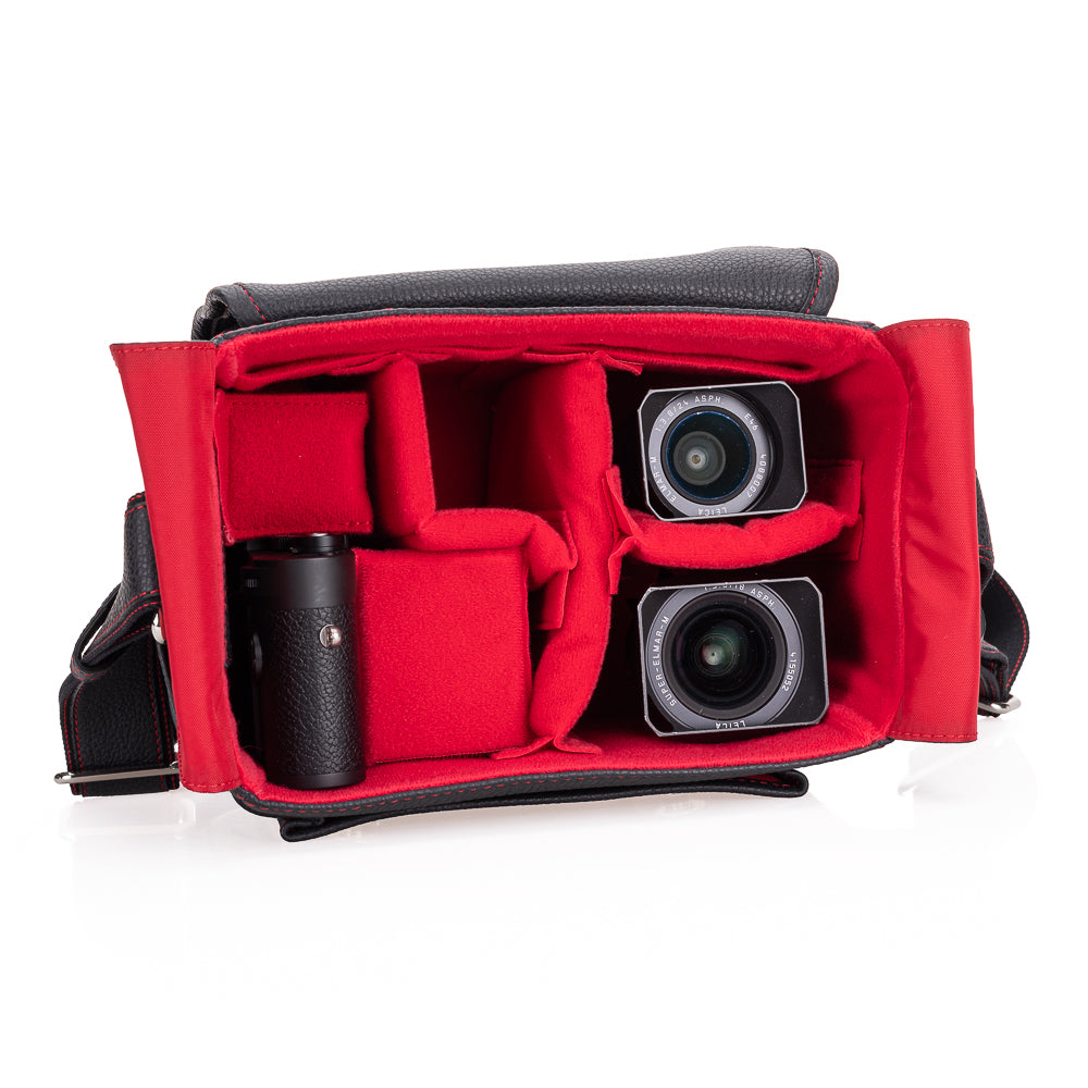 Bolso para cámara Oberwerth Louis M11 Visoflex de cuero, negro con costuras rojas
