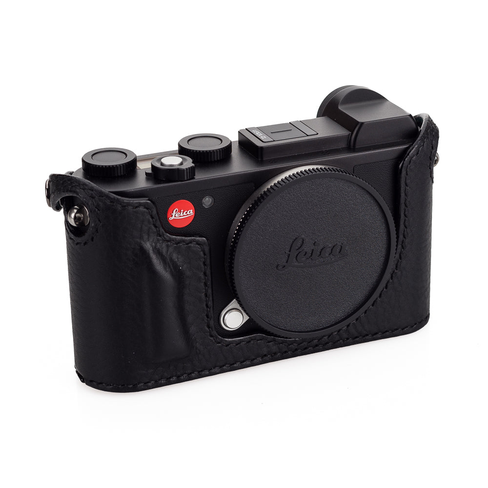 Media funda Arte di Mano para Leica CL con puerta de acceso a la batería - Minerva negra con costuras negras