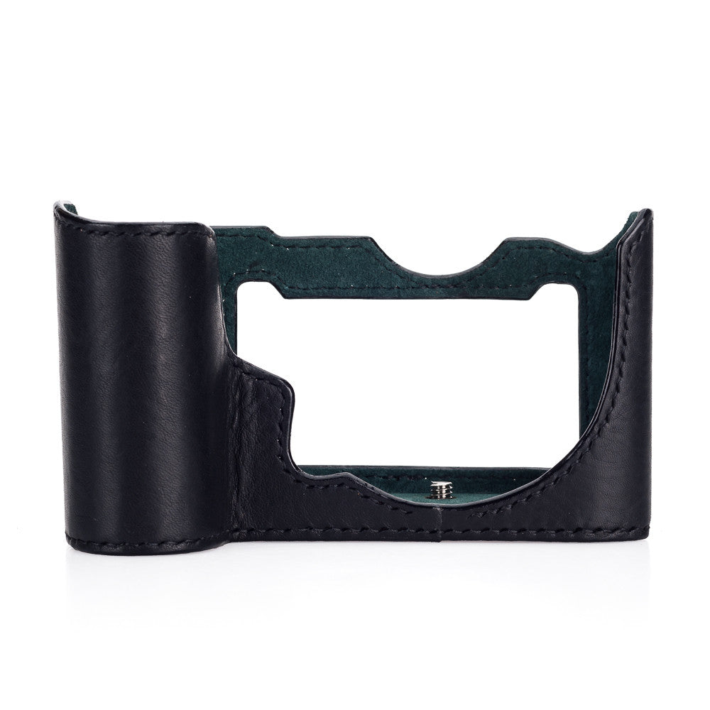 Funda media Arte di Mano para Leica SL (Typ 601) con tapa de acceso a la batería - Minerva negro con costuras negras