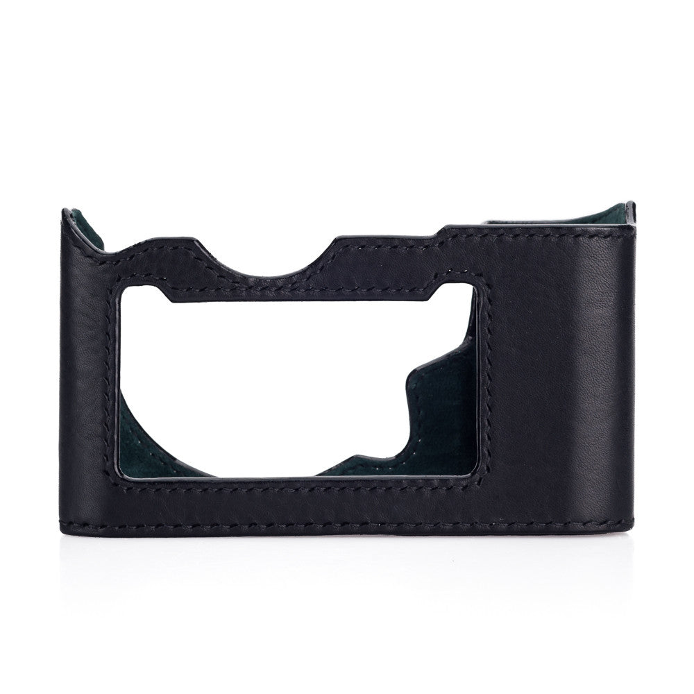 Funda media Arte di Mano para Leica SL (Typ 601) con tapa de acceso a la batería - Minerva negro con costuras negras