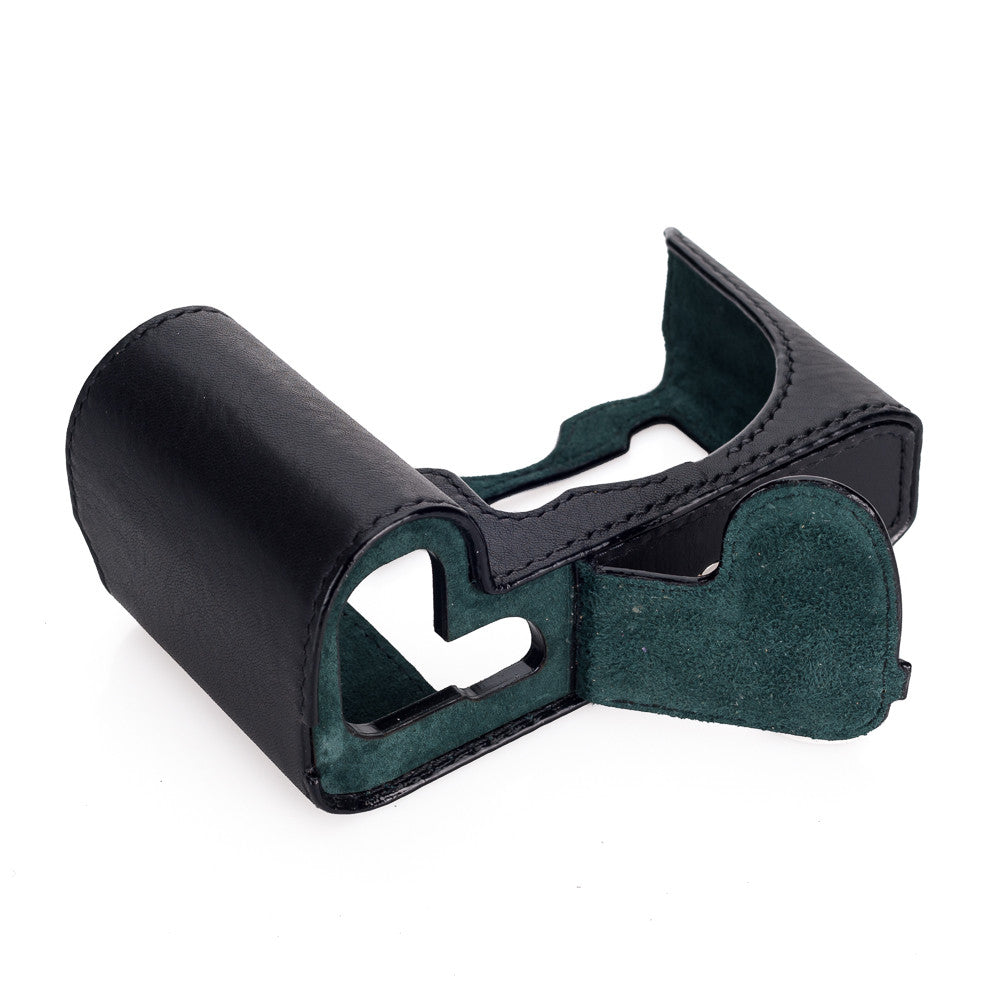 Funda media Arte di Mano para Leica SL (Typ 601) con tapa de acceso a la batería - Minerva negro con costuras negras