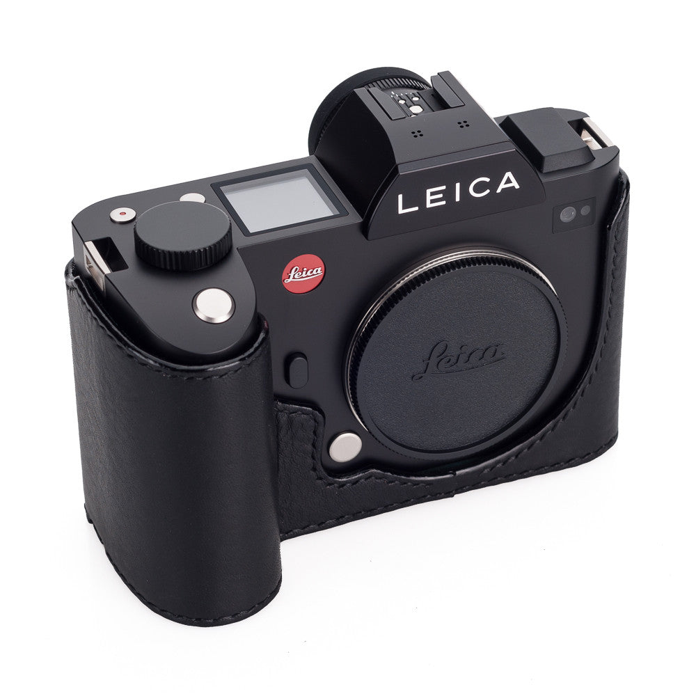Funda media Arte di Mano para Leica SL (Typ 601) con tapa de acceso a la batería - Minerva negro con costuras negras