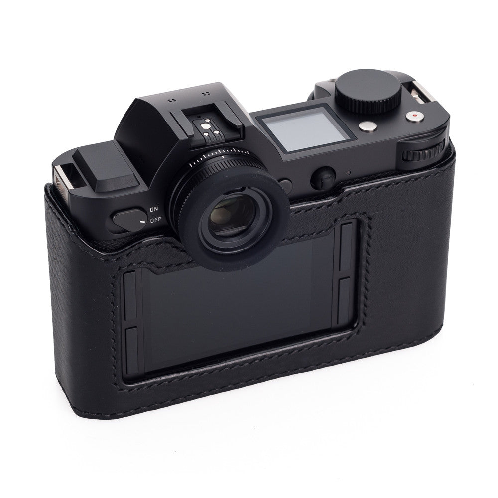 Funda media Arte di Mano para Leica SL (Typ 601) con tapa de acceso a la batería - Minerva negro con costuras negras