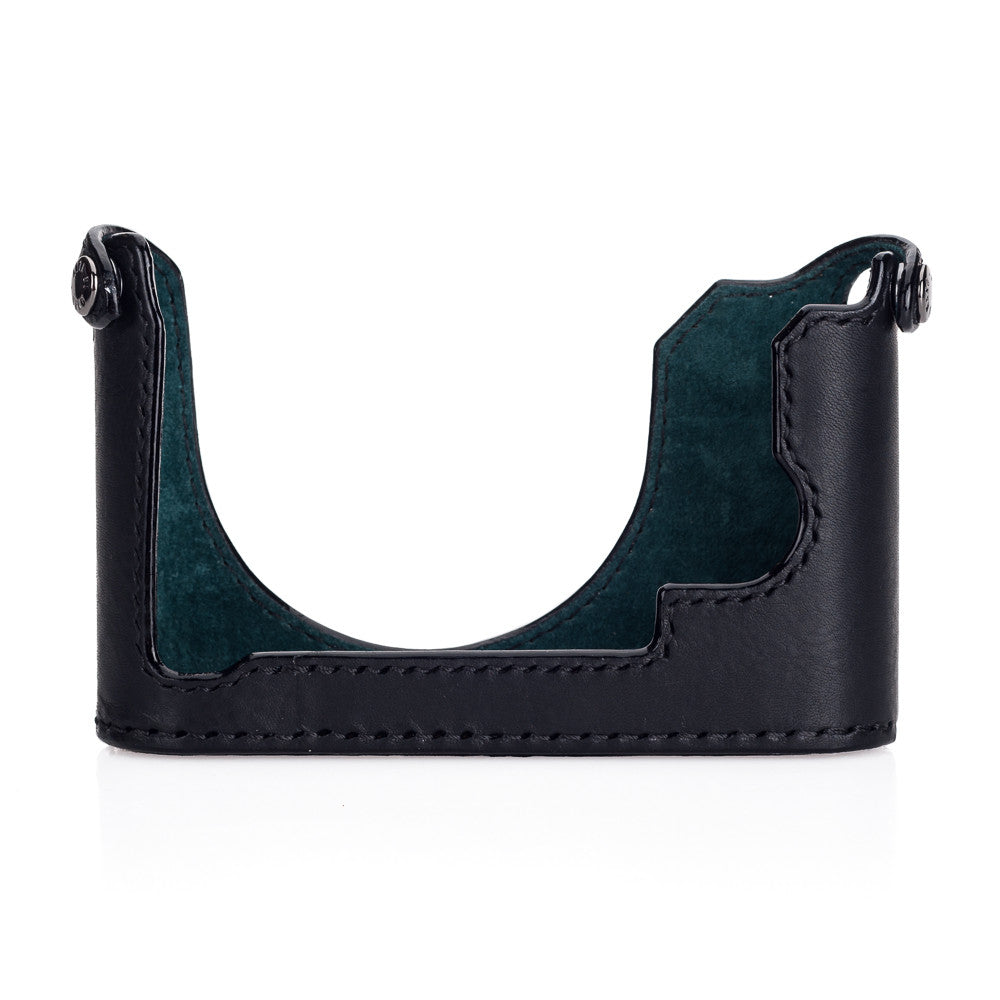 Funda media Arte di Mano para Leica Q (Typ 116) con tapa de acceso a la batería - Negro Minerva con costuras negras