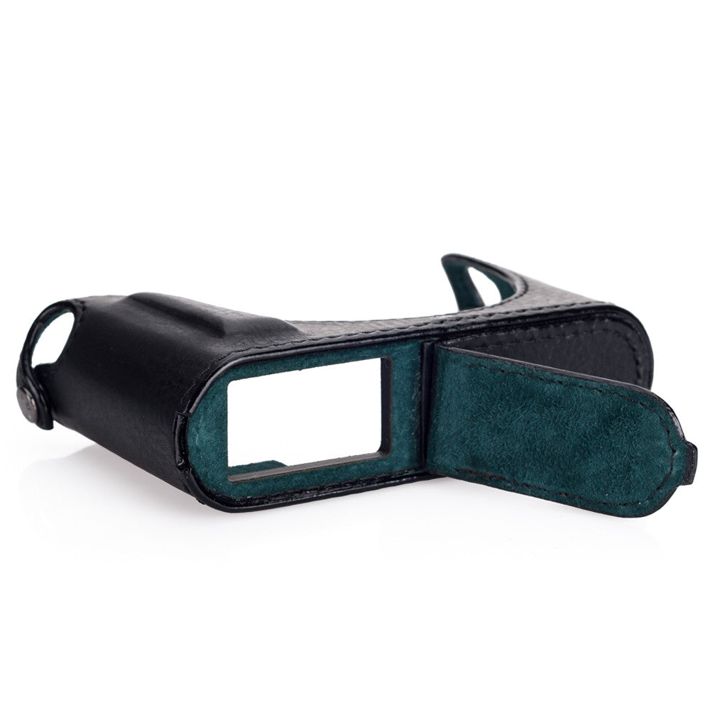 Funda media Arte di Mano para Leica Q (Typ 116) con tapa de acceso a la batería - Negro Minerva con costuras negras