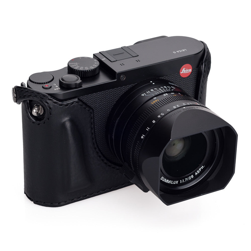 Funda media Arte di Mano para Leica Q (Typ 116) con tapa de acceso a la batería - Negro Minerva con costuras negras