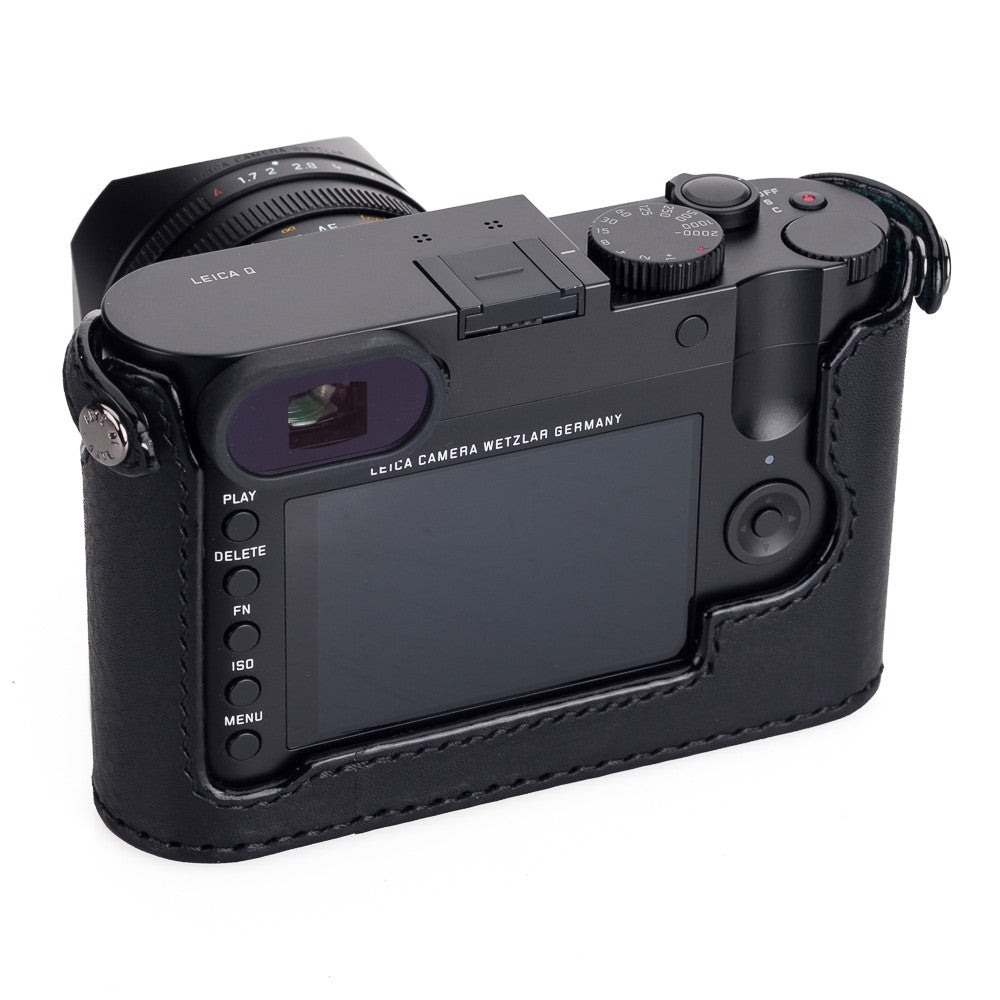 Funda media Arte di Mano para Leica Q (Typ 116) con tapa de acceso a la batería - Negro Minerva con costuras negras