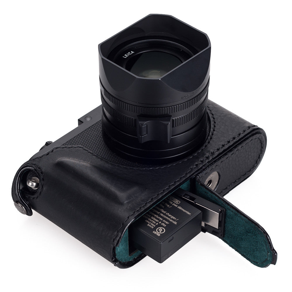 Funda media Arte di Mano para Leica Q (Typ 116) con tapa de acceso a la batería - Negro Minerva con costuras negras