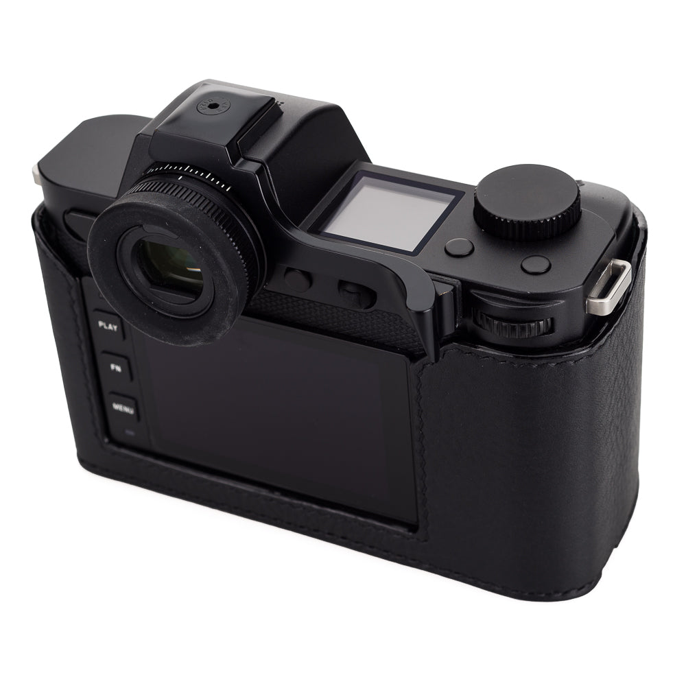 Media funda Arte di Mano para Leica SL2 con puerta de acceso a la batería, estilo con cubierta - Negro con costuras negras