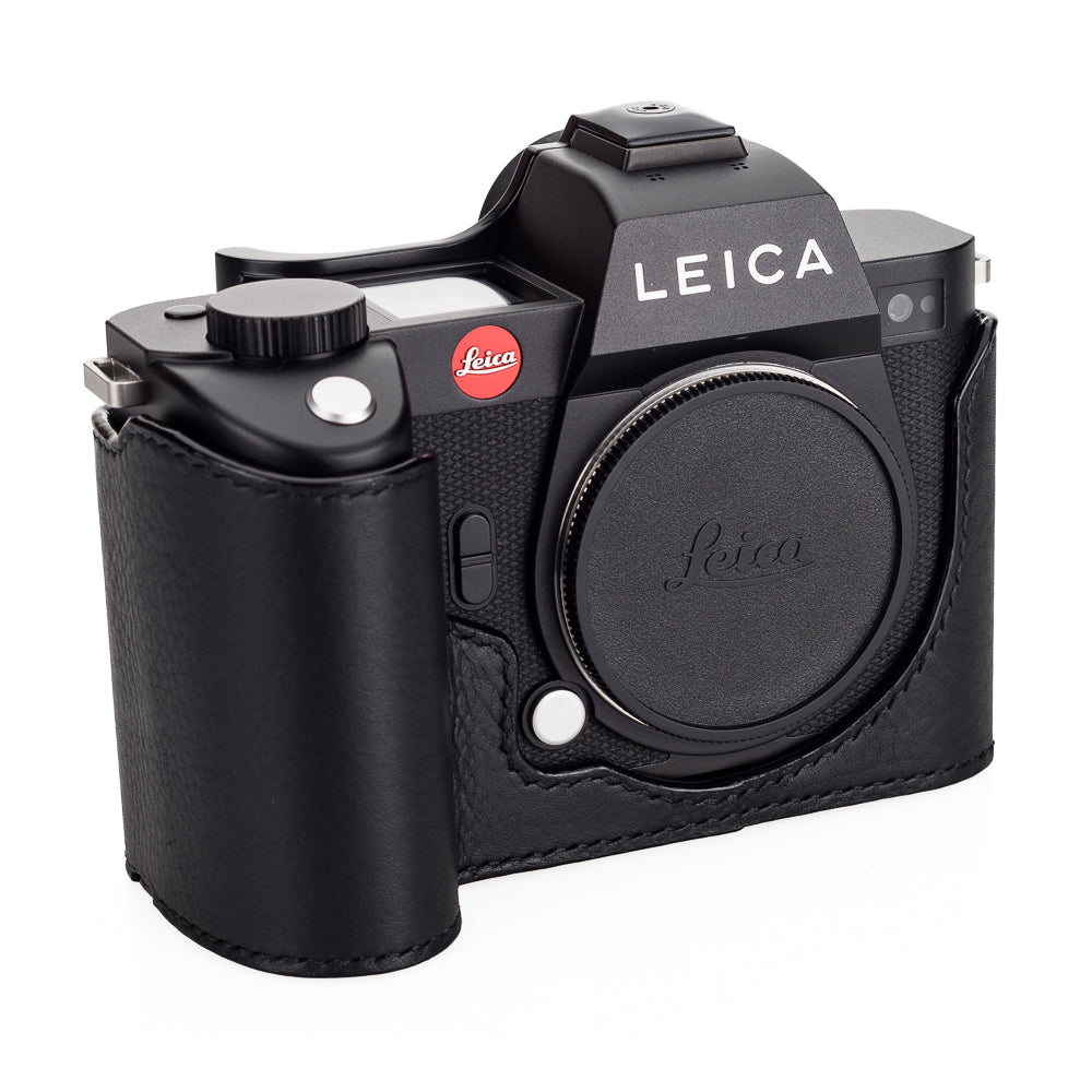 Media funda Arte di Mano para Leica SL2 con puerta de acceso a la batería, estilo con cubierta - Negro con costuras negras