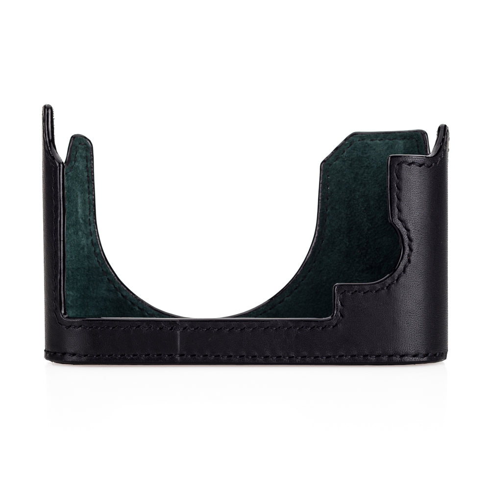 Media funda Arte di Mano para Leica Q2 con puerta de acceso para batería y tarjeta SD - Negro Minerva con costuras negras
