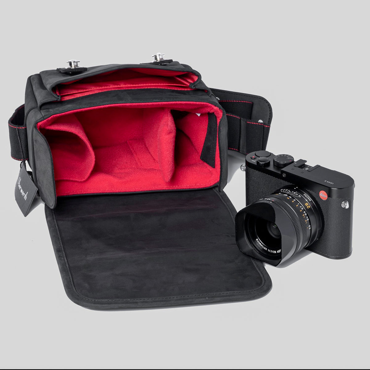 Oberwerth The Q: bolsa de cuero para cámara fotográfica, negra con forro rojo